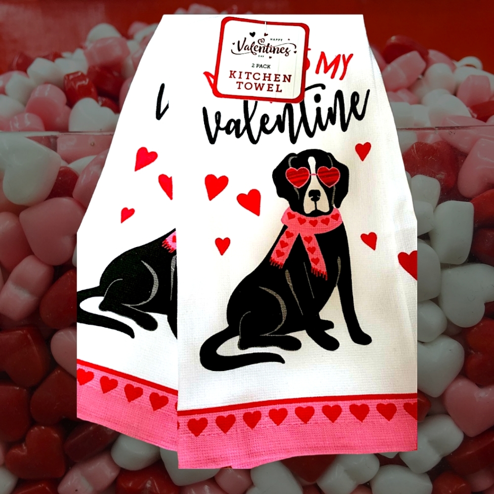 New " My Dog Is My Valentine" 100% Cotton 2 Pack Kitchen Towels Set